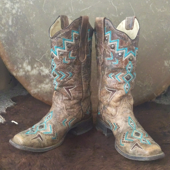 CORRAL E1024 Brown/turquoise aztec distressed cowgirl boots square toe sz 7.5 - Picture 8 of 16